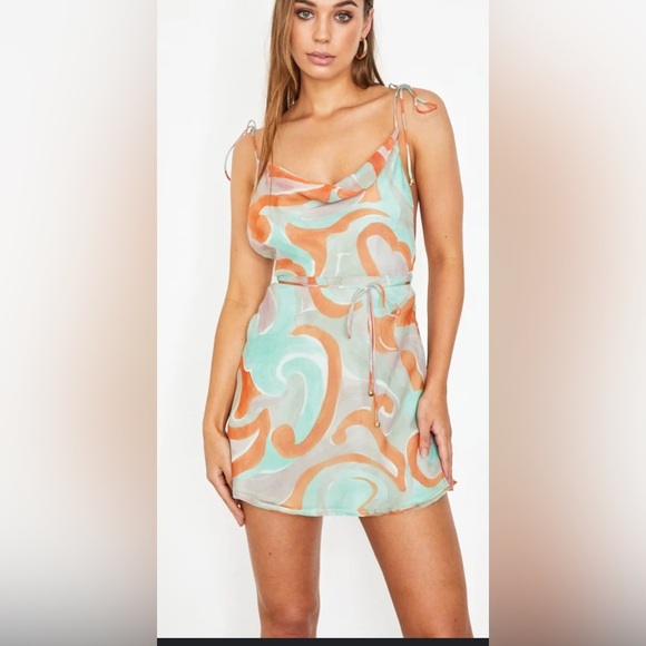 Saints + Secrets Mint Swirl Cowl Neck Open Back Dress S/M Halter Chiffon BD - Picture 1 of 9